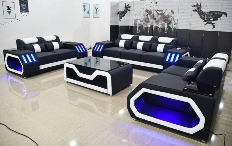 Sofagarnitur Beleuchtete Couch Set 3+2+2 + Tisch Ledersofa Sitz Design Polster von JV Möbel
