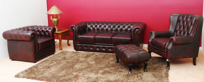 Sofagarnitur Ledersofa Set Chesterfield 3+1 + Ohrensessel Hocker Sofa Couch Neu von JV Möbel