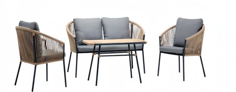 Sofagarnitur Rattan Grau Luxuriöse Sofa 2 Sitzer Moderner 2x Sessel Couchtisch von JV Möbel