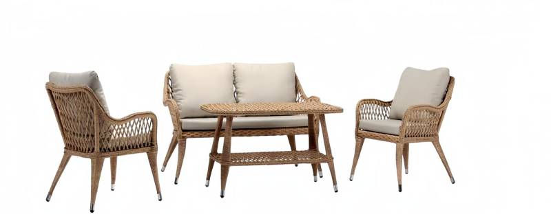 Sofagarnitur Sofa 2 Sitzer Luxuriöse Rattan Moderner 2x Sessel Couchtisch Braun von JV Möbel