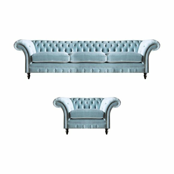 Stilvolle Chesterfield Blaue Sitzgarnitur Edle Möbel Dreisitzer Sessel von JV Moebel