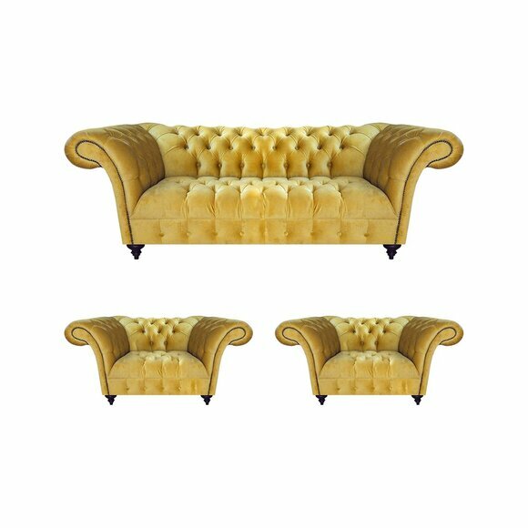 Stilvolle Gelbe Chesterfield Garnitur Designer Sofas 2x Luxus Sessel 3tlg von JV Moebel