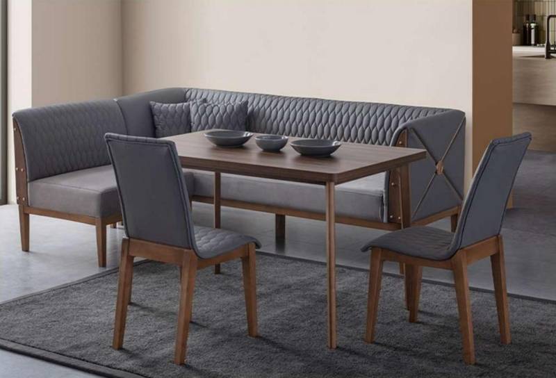 Stilvolle Graue Esszimmer Garnitur Brauner Esstisch 2x Sitzstühle Bank von JV Möbel