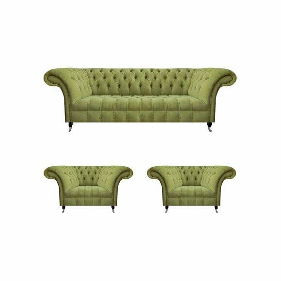 Stilvolle Grüne Chesterfield Garnitur Edler 3-Sitzer 2x Textilsessel 3tlg Stilvolle Grüne Chesterfield Garnitur Edler 3-Sitzer 2x Textilsessel 3tlg von JV Moebel