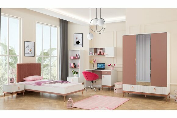 Stilvolle Mädchenzimmer Möbel Luxus Einzelbett Schrank Schreibtisch 6tlg von JV Moebel