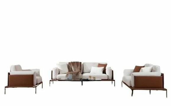 Stilvolle Weiß-Braune Wohnzimmer Couchgarnitur 3-Sitzer Textil Sessel von JV Moebel