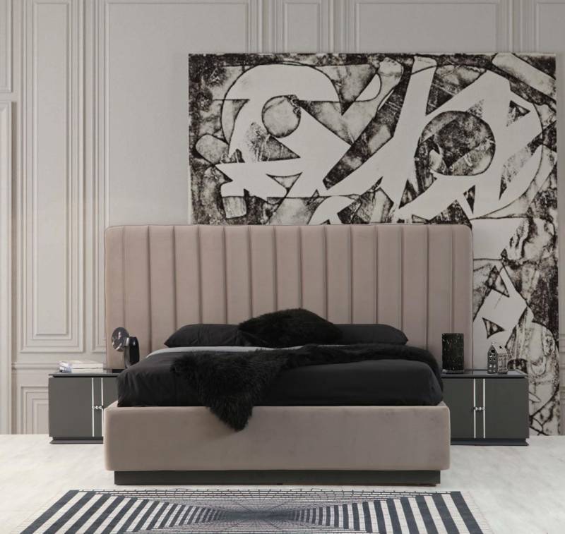 Stilvolles Beiges Schlafzimmer Bett Designer Graue Nachttische 3tlg Set von JV Möbel