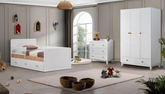 Vollständiges Kinderzimmer Set Designer Kinderbett weiß Kleiderschrank von JV Moebel
