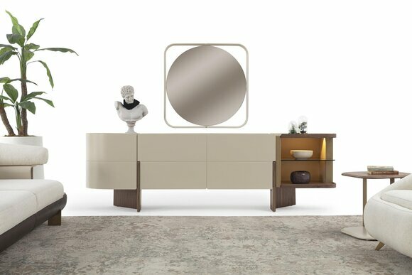 Weiß-Braune Anrichte Designer Sideboard Luxuriöser Glas Spiegel 2tlg Set von JV Moebel