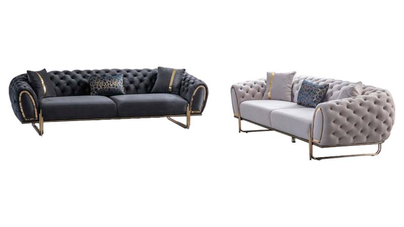 Weiß-Graue Chesterfield Couchgarnitur Textil Sofas 2x 3-Sitzer von JV Möbel