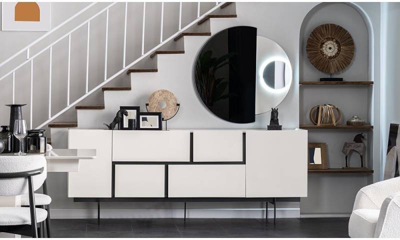 Weiß-Schwarze Esszimmer Anrichte Spiegel Luxus Wandkommode 2tlg Set von JV Möbel