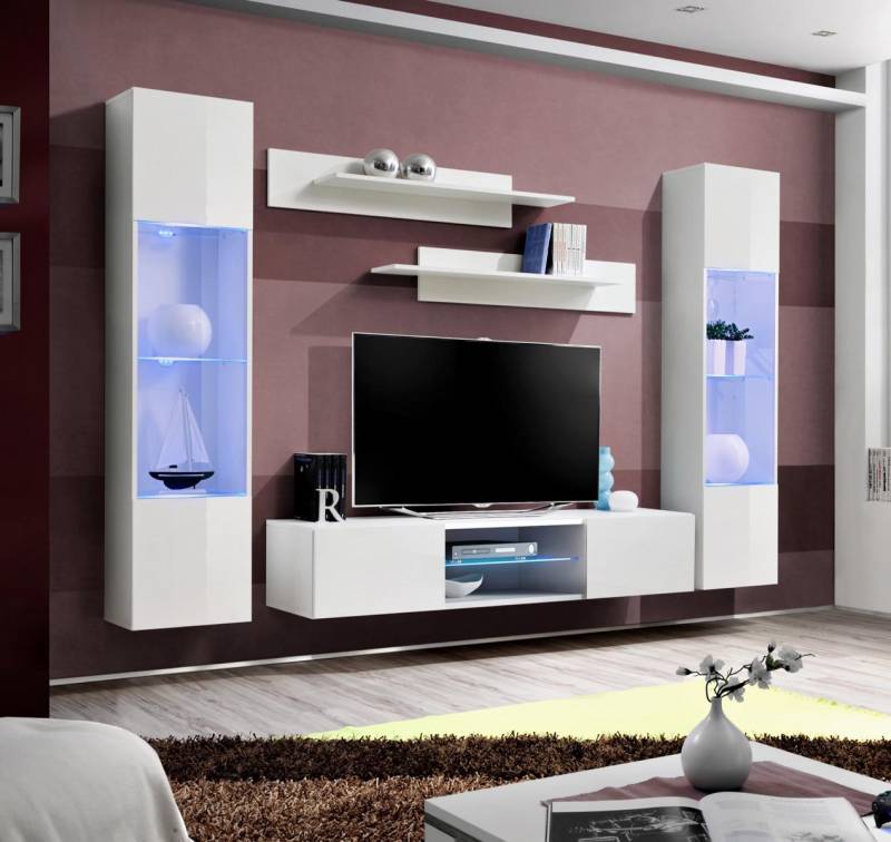 Weiß Wohnwand Wand Regale Hänge Vitrine Komplett Wohnzimmer Designer von JV Möbel