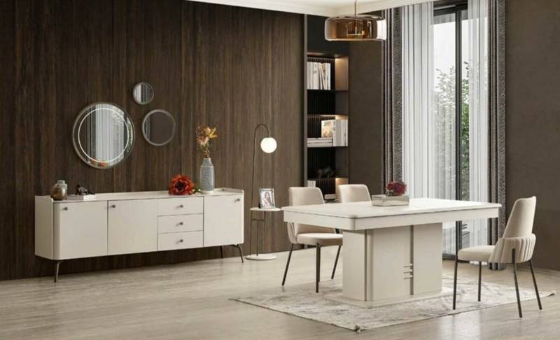 Weiße Esszimmer Garnitur Designer Essgruppe 6x Polsterstühle Anrichte von JV Möbel