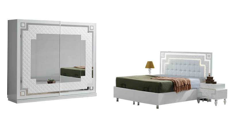 Weiße Schlafzimmer Garnitur Designer Bett 2x Nachttische Glasschrank von JV Möbel