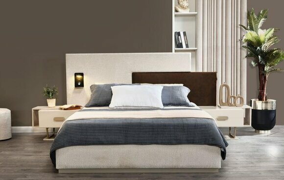 Weiße Schlafzimmer Garnitur Holz Nachttische Polster Doppelbett 3tlg Set von JV Moebel