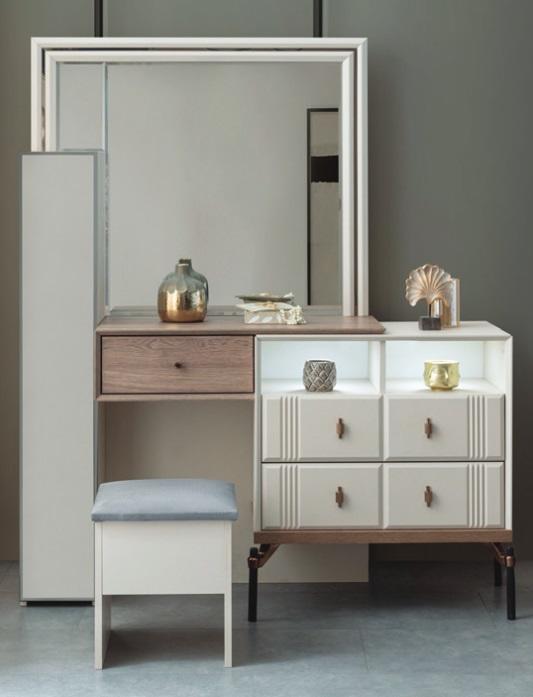 Weißer Schminktisch Glas Spiegel Luxuriöser Poslterhocker Moderne Möbel von JV Möbel