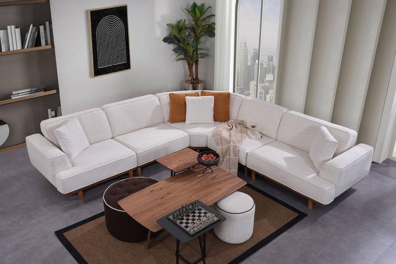 Weißes Wohnzimmer 6tlg Set Designer Polster Ecksofa 2x Hocker Couchtisch Weißes Wohnzimmer 6tlg Set Designer Polster Ecksofa 2x Hocker Couchtisch von JV Möbel