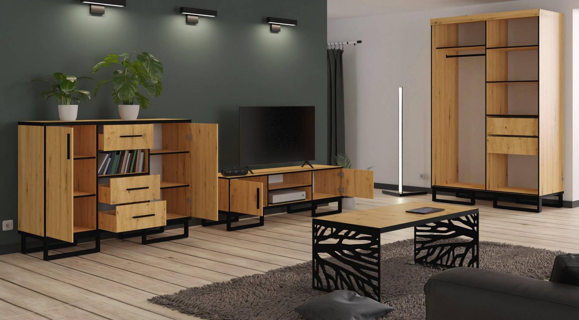 Wohnwände Kommoden Schrank Tisch neu 4tlg Wohnzimmer Set Vitrine Kommode von JV Möbel