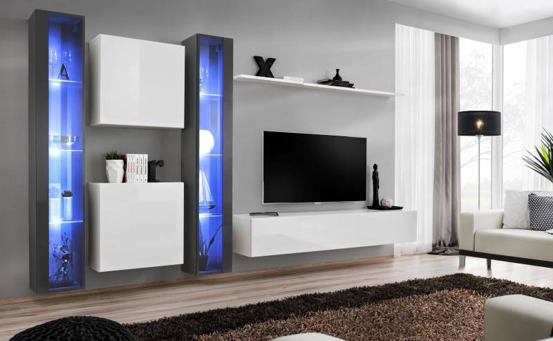 Wohnwand Komplett Set 6tlg Hänge Vitrine Wohnzimmermöbel Wandschrank von JV Möbel