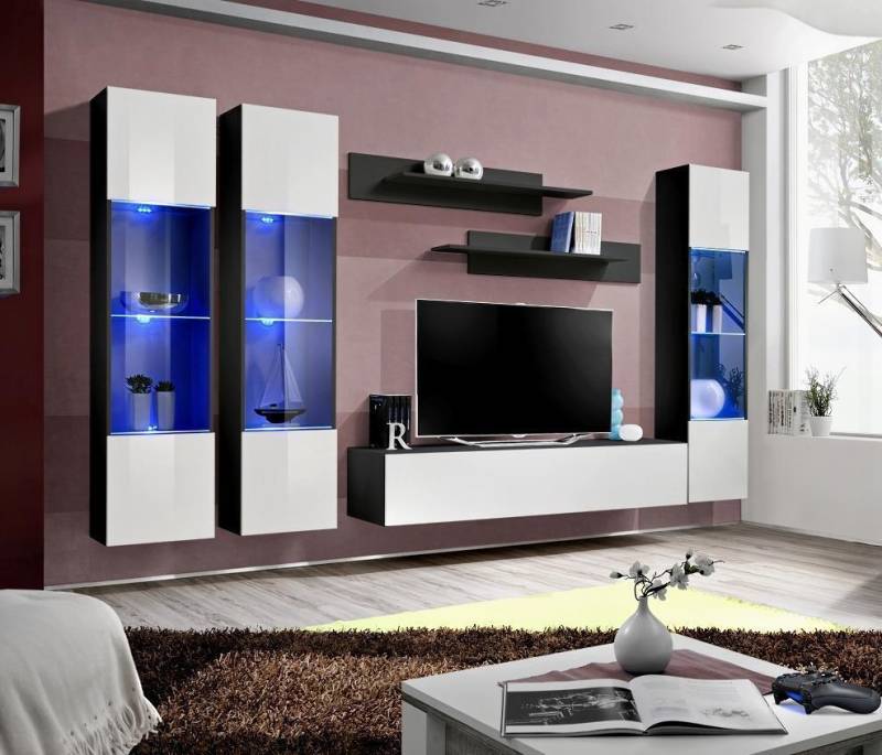 Wohnwand Modern Vitrine TV-Ständer Wandschrank Wohnzimmer Wand Regale von JV Möbel