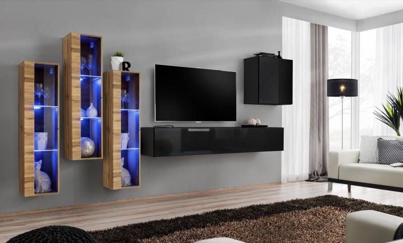 Wohnwand Möbel Wohnzimmer Luxus Hochglanz TV Ständer Schwarz Holz Komplett Neu von JV Möbel