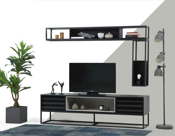 Wohnwand RTV Lowboard Regale TV Ständer Set Holz Modern Schwarz Design von JV Möbel