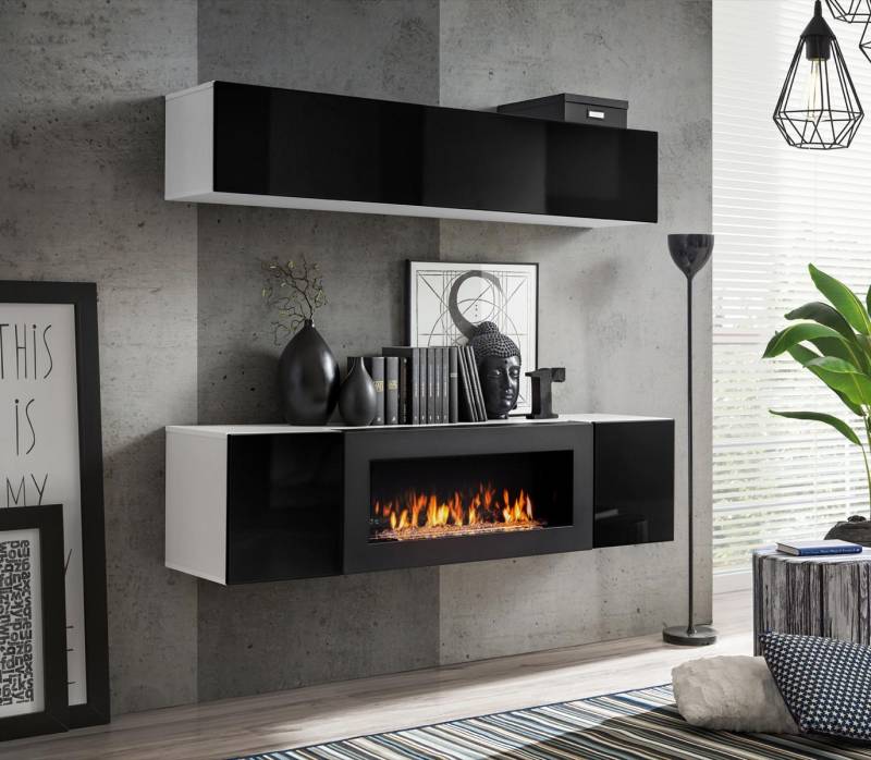 Wohnwand Schwarz Hänge Sideboard Schrank Kommode 2tlg mit Kamin Hochglanz von JV Möbel