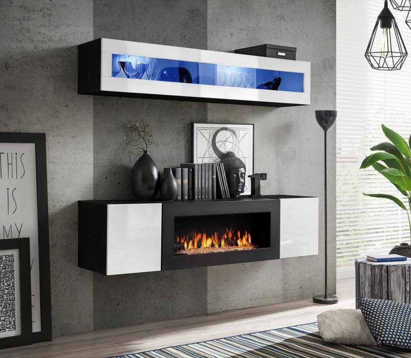 Wohnwand Set 2tlg Sideboard mit Kamin Schrank Wohnzimmer Hochglanz Möbel Neu von JV Möbel