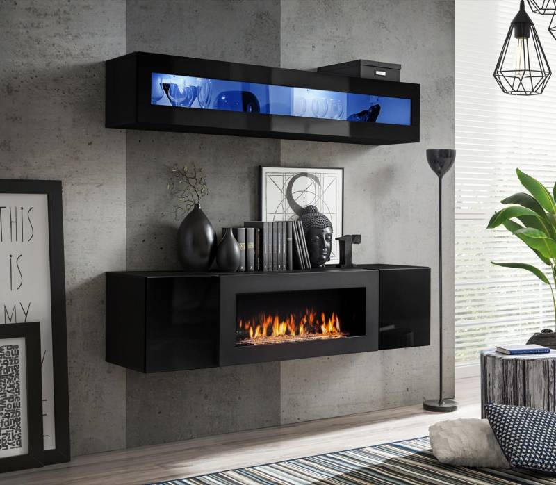 Wohnwand Set 2tlg. Wohnzimmer Sideboard mit Kamin Holz Wandschrank Neu Hochglanz von JV Möbel