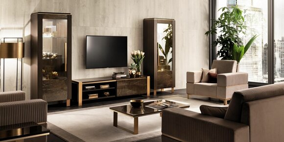 Wohnwand TV Lowboard Elegante Vitrine Wohnzimmer Design Klassisch 3tlg. von JV Möbel