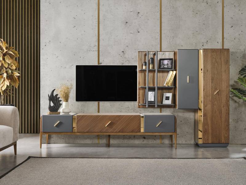 Wohnwand TV-Ständer Bücherregal Hangeschrank Schrank Moderne von JV Möbel