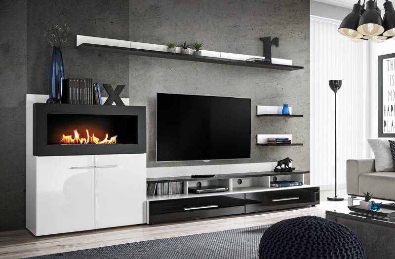 Wohnwand TV-Ständer Kommode mit eingebautem Kamin Designer Möbel Sofort von JV Möbel