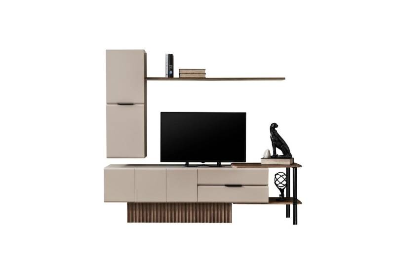 Wohnwand TV Ständer Wandschrank RTV Lowboard Beige Holz Regale von JV Möbel