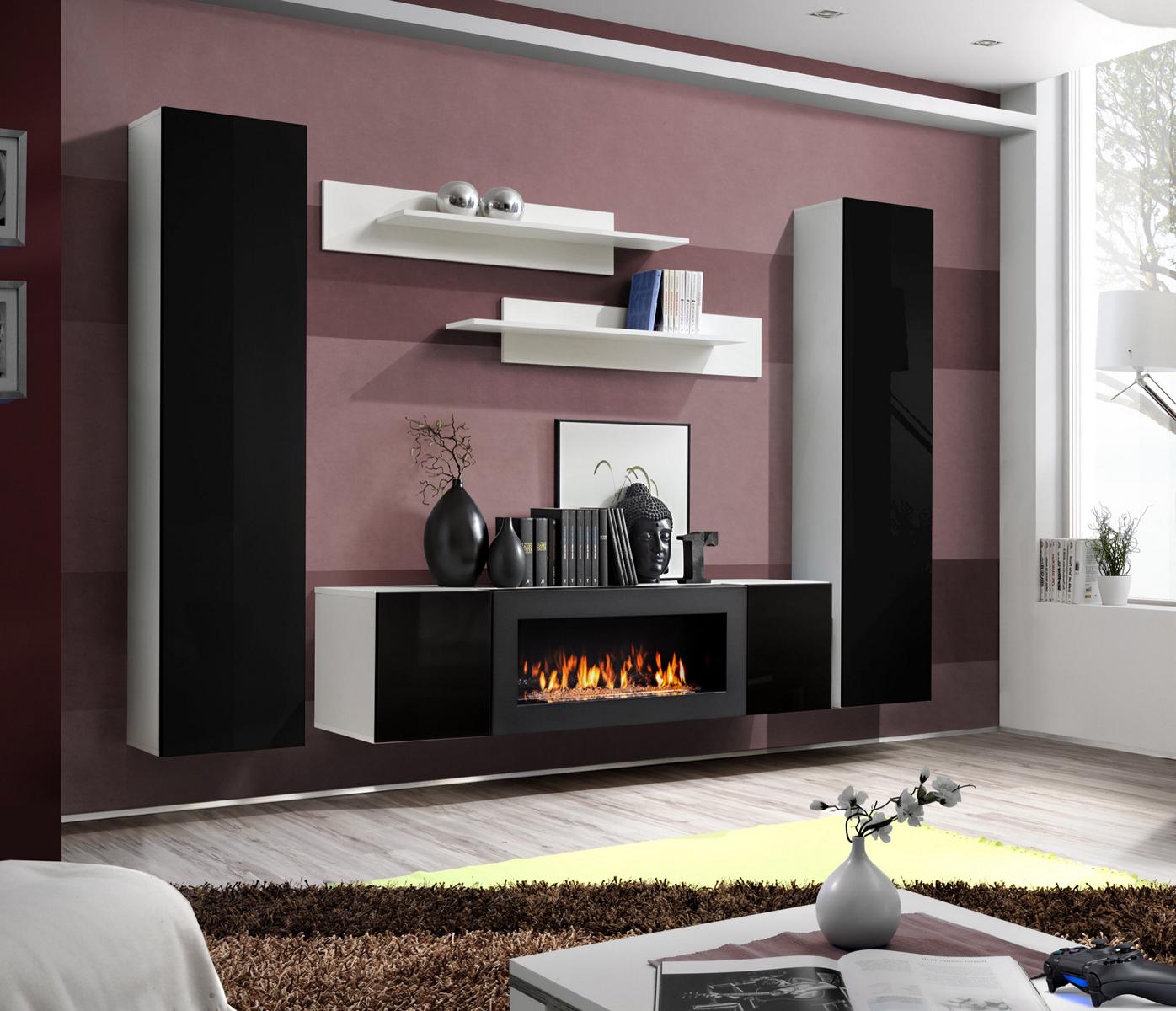 Wohnwand TV-Ständer mit Kamin Wohnzimmer Designer Wandregale Wandschrank Holz Wohnwand TV-Ständer mit Kamin Wohnzimmer Designer Wandregale Wandschrank Holz von JV Möbel