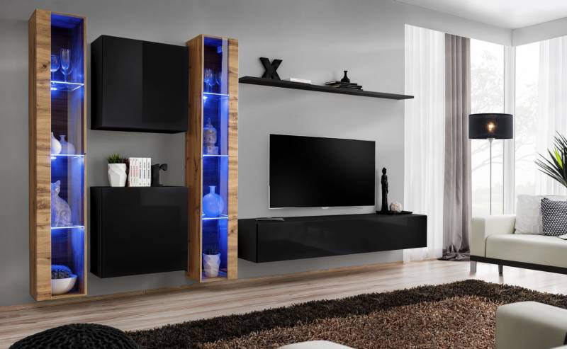 Wohnwand Wandschrank Modern Design TV-Ständer Schwarz Wohnzimmermöbel Komplett von JV Möbel