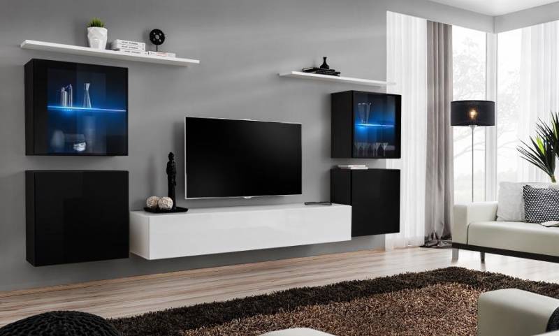 Wohnwand Weiß Wandregale TV Ständer Komplett Sideboard Hochglanz Einrichtung von JV Möbel