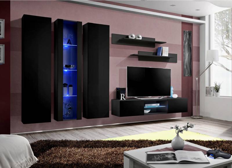 Wohnwand Wohnzimmer Set 6 tlg TV Ständer Schrank Wandregal Modern Hänge Vitrine von JV Möbel