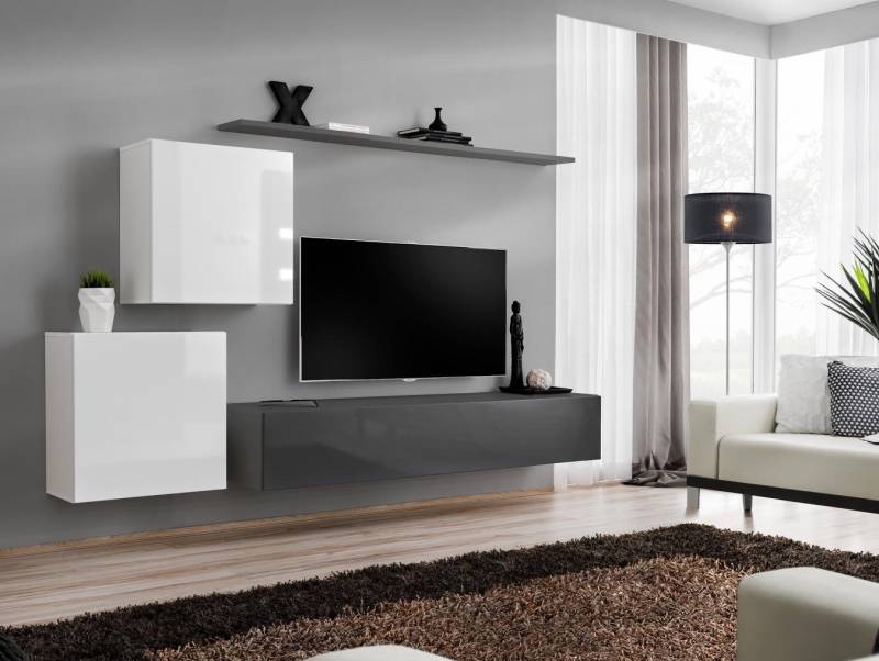 Wohnwand Wohnzimmer Set Grau Sideboard Wandregal 4tlg Set Designer Holz Neu von JV Möbel