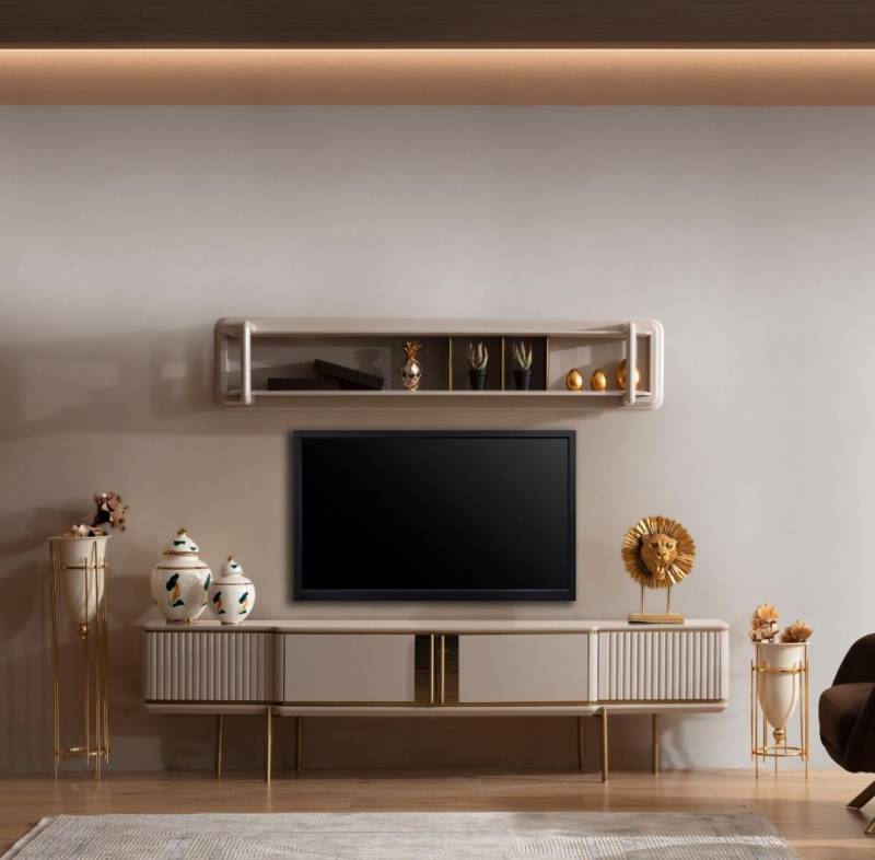 Wohnzimmer Beiges Edelstahl Lowboard Designer RTV-Board Holz Regal 2tlg von JV Möbel