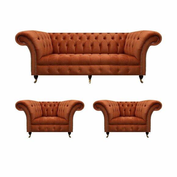 Wohnzimmer Braune Chesterfield Garnitur 2x Polstersessel 3-Sitzer 3tlg von JV Moebel