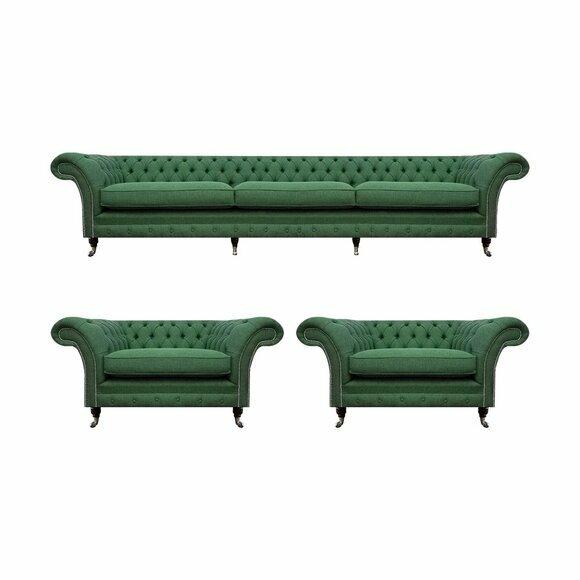 Wohnzimmer Chesterfield Garnitur Grüner 3-Sitzer 2x Sessel 3tlg Edel Set von JV Moebel