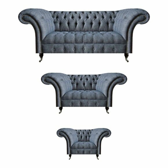 Wohnzimmer Chesterfield Set Designer Graue Sofagarnitur Sessel 3-Sitzer von JV Moebel