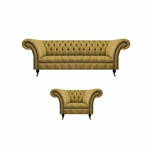 Wohnzimmer Gelbe Chesterfield Garnitur Dreisitzer Polster Sessel Möbel von JV Moebel