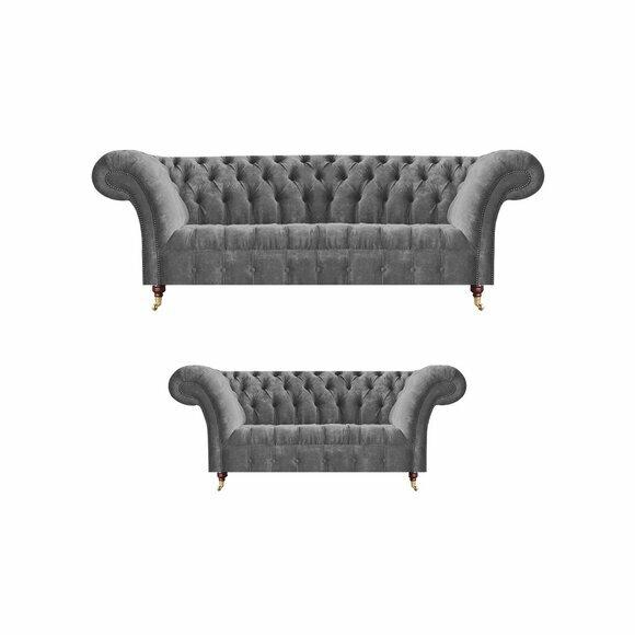 Wohnzimmer Graue Chesterfield Sofas Komplettes Set 3-Sitzer Zweisitzer von JV Moebel
