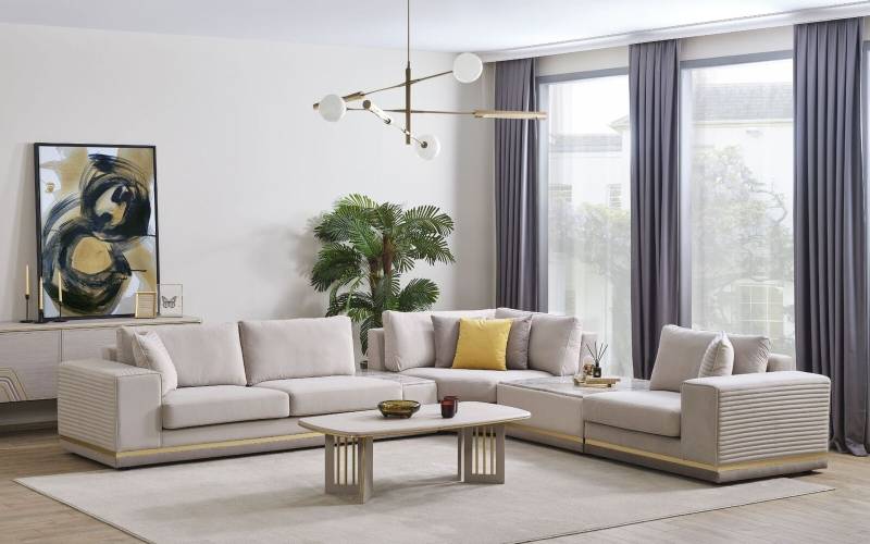 Wohnzimmer Hellbeiges Ecksofa L-Form Couch Modernes Textil Sofa Möbel von JV Möbel