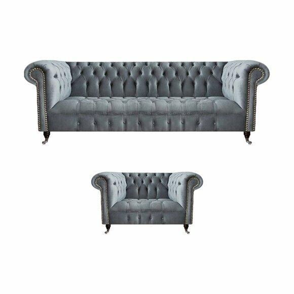 Wohnzimmer Komplett Dreisitzer Sofa Couch Sessel Luxus Einrichtung Chesterfield von JV Moebel
