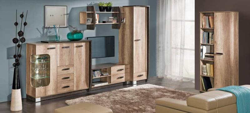 Wohnzimmer Komplettset Wohnzimmerkombination 6 tlg. Wohnwand Eiche Kommode Tisch von JV Möbel