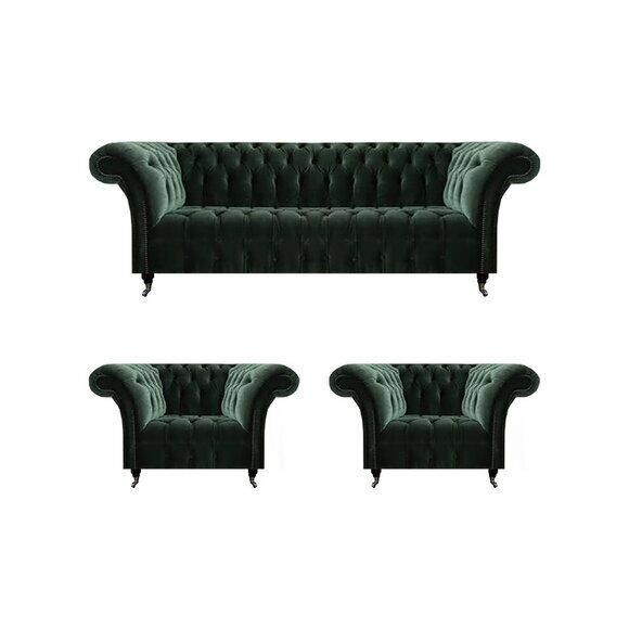 Wohnzimmer Luxus Komplett Schwarz Sofa Dreisitzer Textil 2x Sessel Chesterfield von JV Moebel