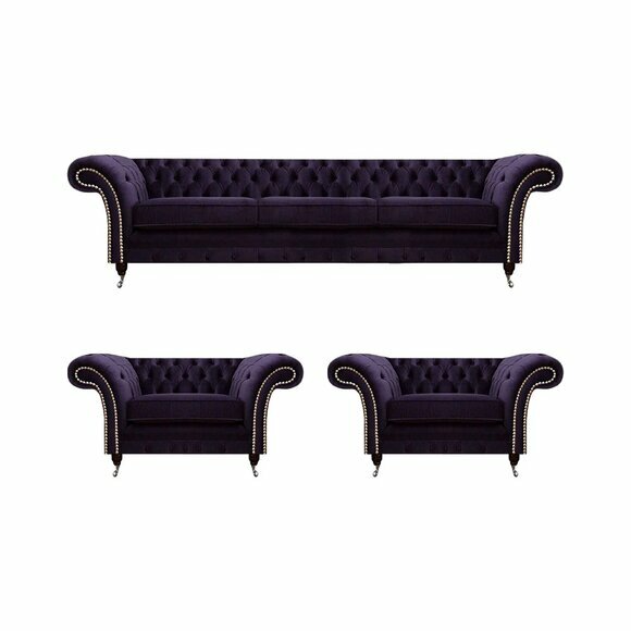 Wohnzimmer Luxus Set 3tlg Einrichtung Lila Komplett Polstermöbel Chesterfield von JV Moebel