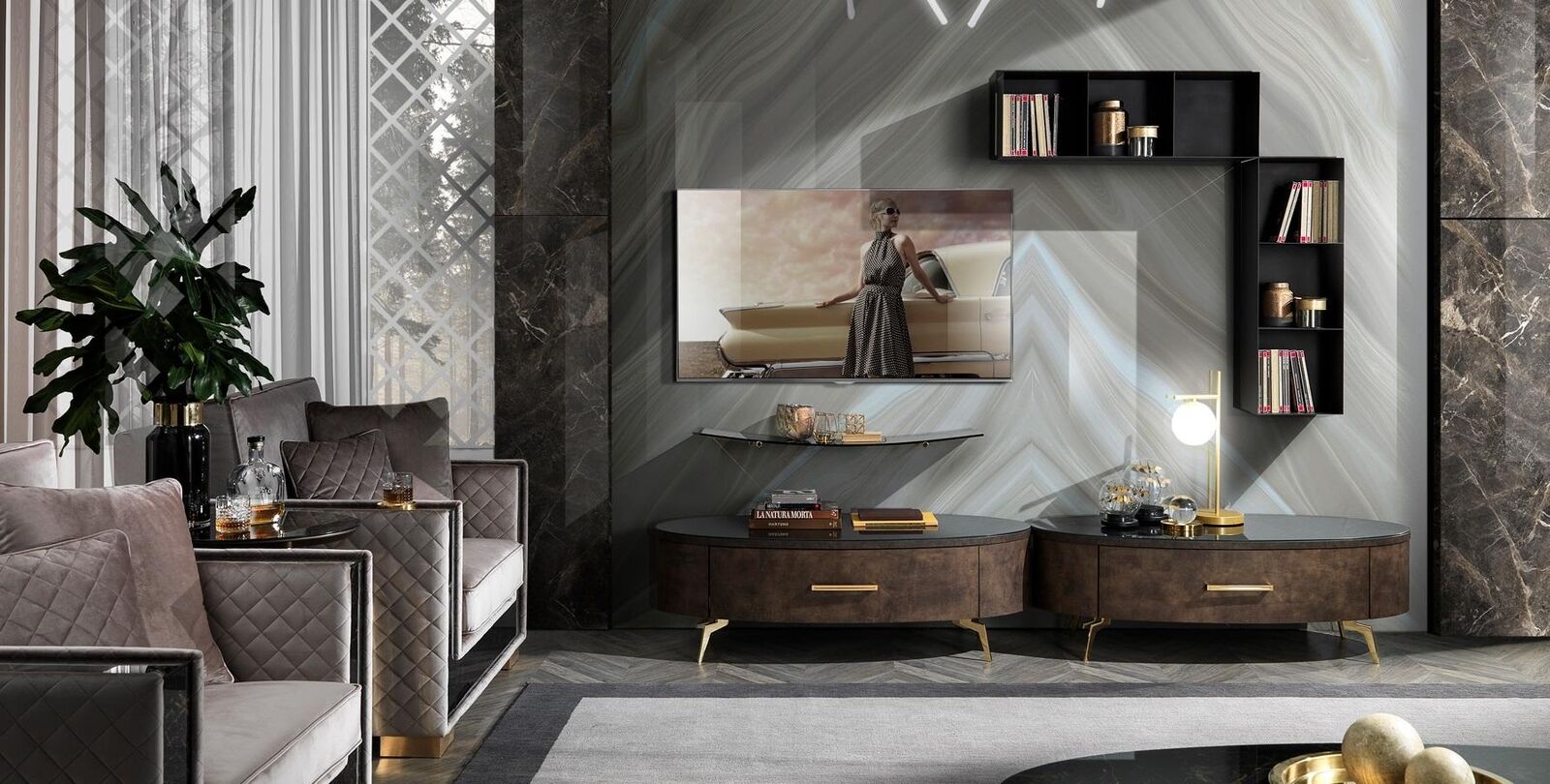Wohnzimmer Regal Garnitur 4tlg. Design Wohnwand Schrank RTV Side Low Board Wohnzimmer Regal Garnitur 4tlg. Design Wohnwand Schrank RTV Side Low Board von JV Möbel